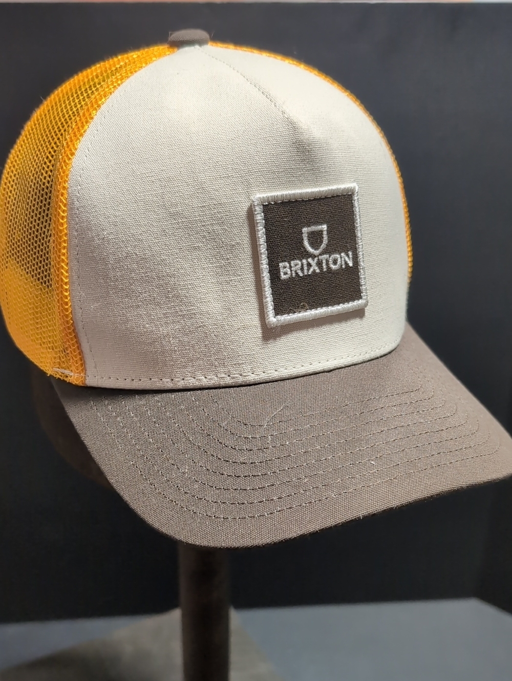 Brixton Alpha Block Men's Yellow/Brown/White Snapback Trucker Hat.